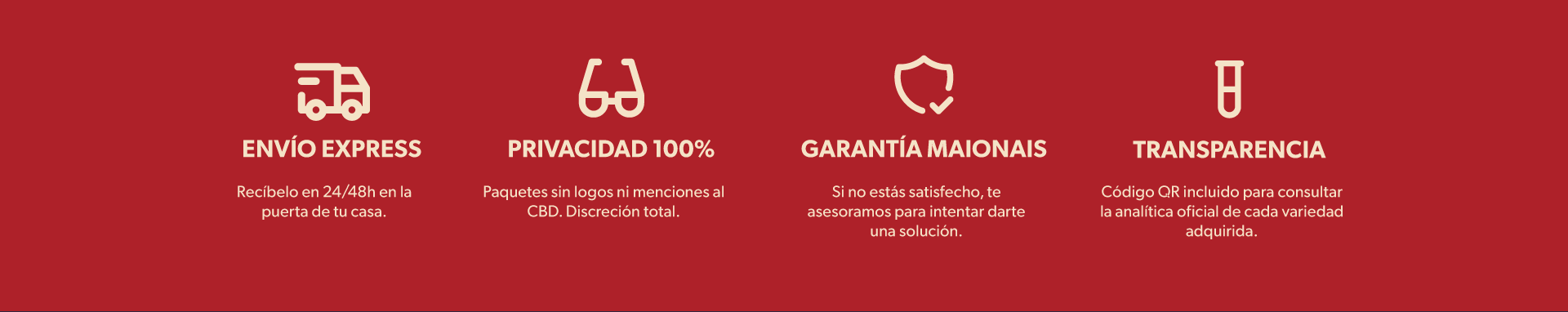 Envío express en 24/48 h · Privacidad 100 % · Garantía Maionais · Transparencia con código QR de la analítica